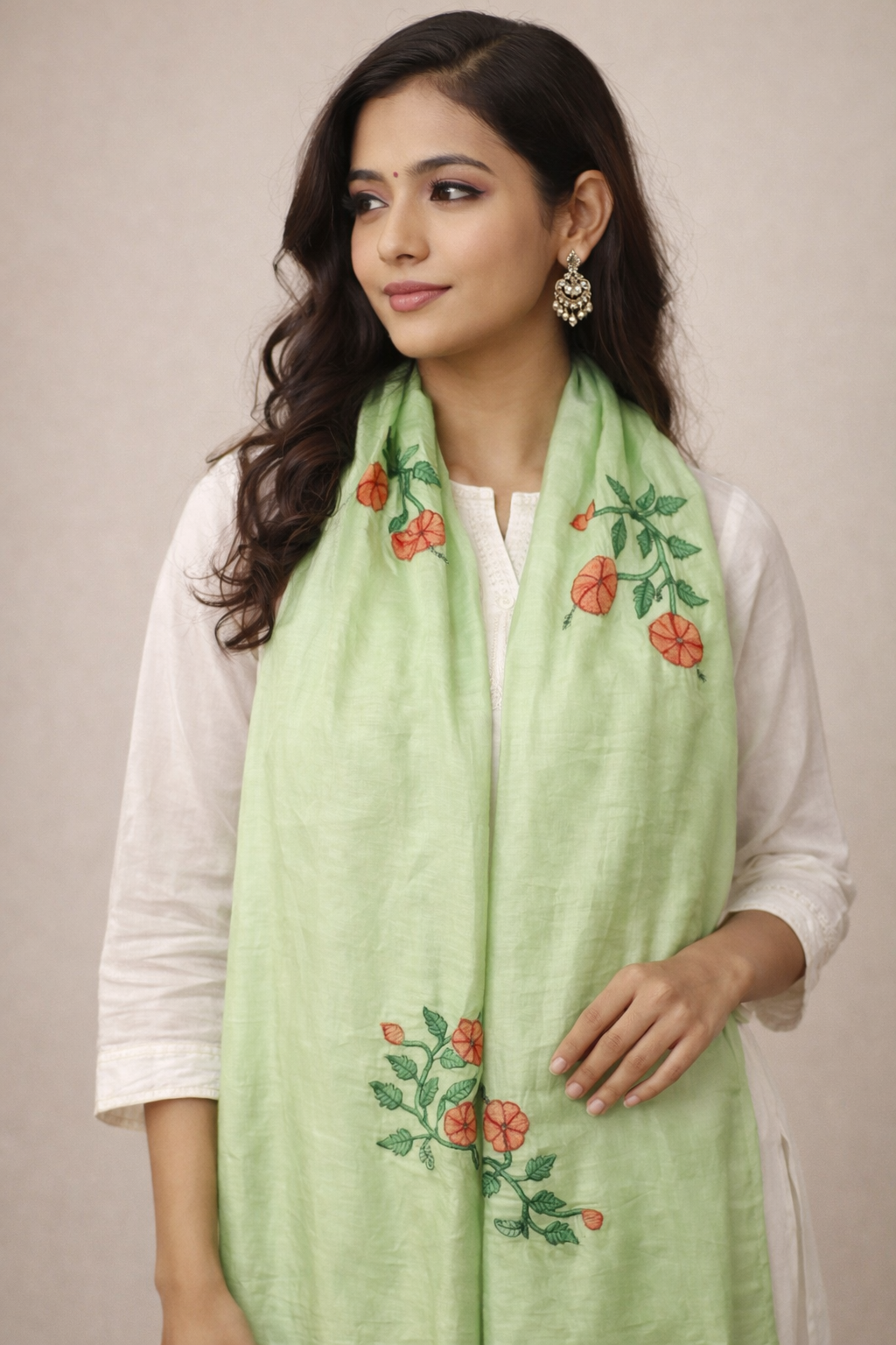 Hand-Embroidered Floral Vine Linen Table Runner – Pastel Green