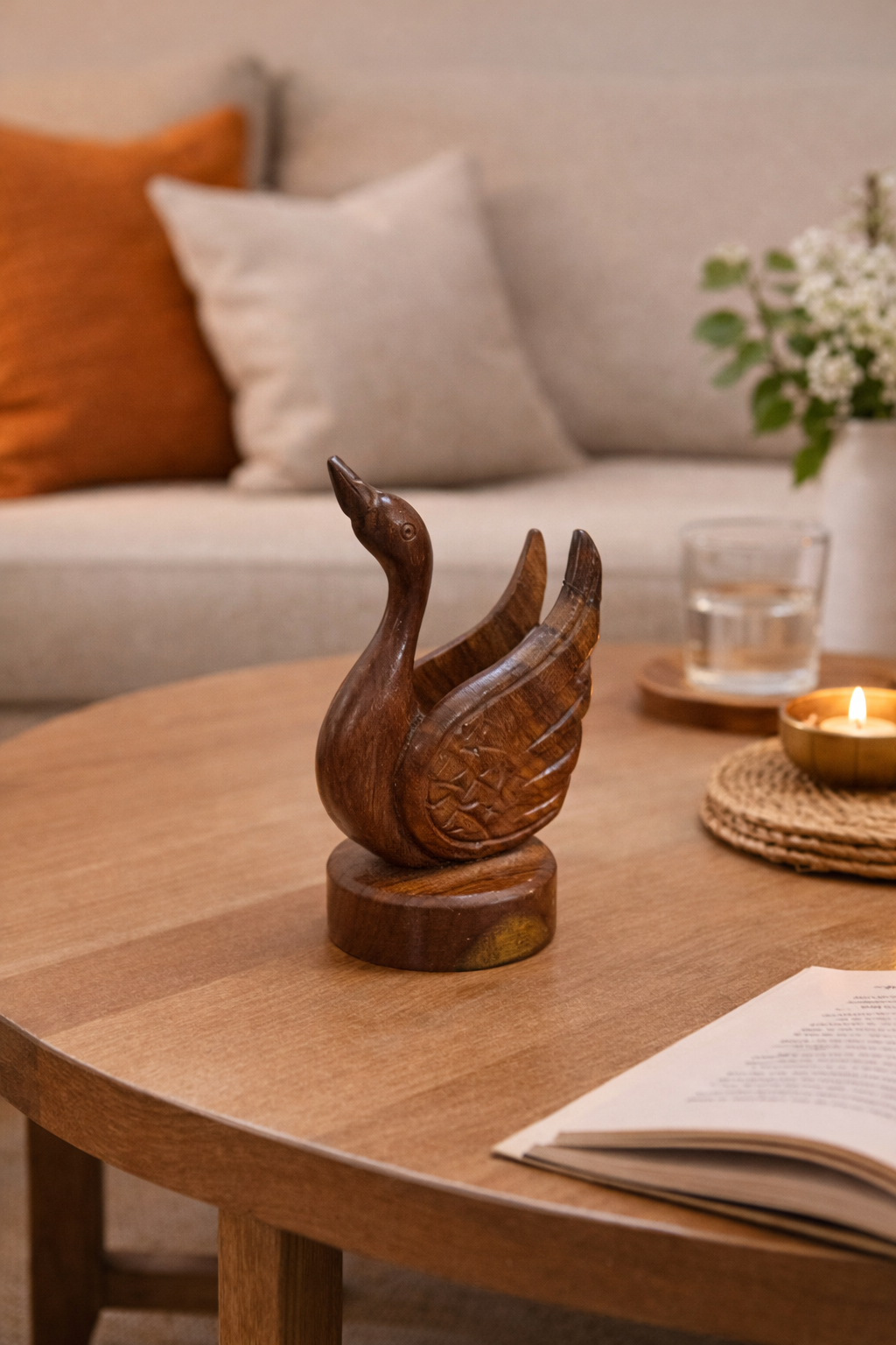 Hand-Carved Wooden Swan Figurine