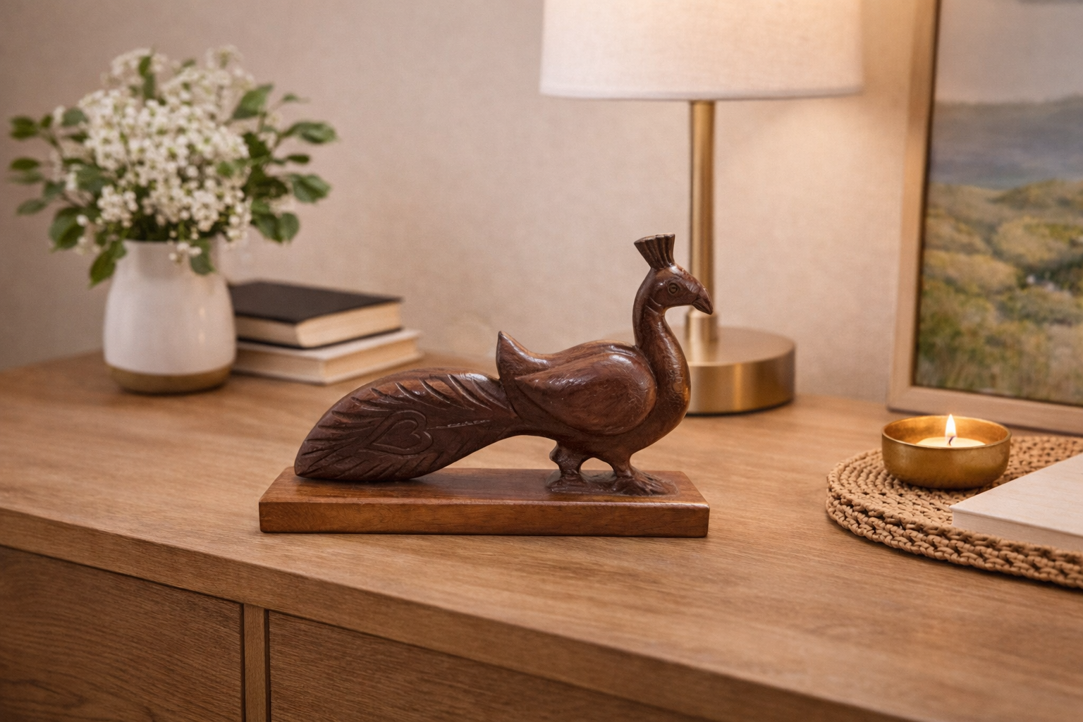 Hand-Carved Wooden Peacock Figurine