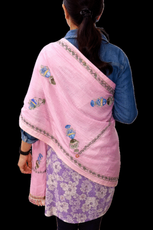 Hand-printed Pink Tikuli Cotton Silk Dupatta (Traditional Indian Folk Art — Tikuli Fish  Motifs)