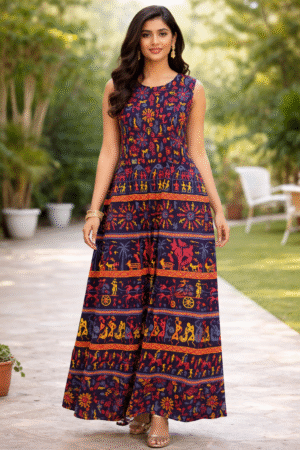 Warli Folk Art Printed Sleeveless Maxi Dress- Inspired by traditional Indian folk motifs