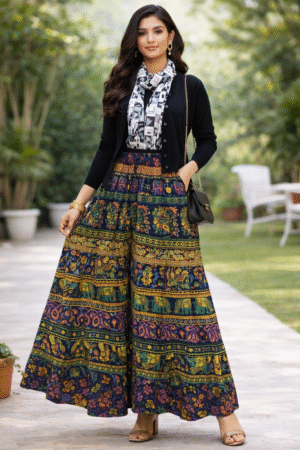 Boho Tribal Heritage Multicolor Printed Long Palazzo — Vibrant Folk Print Fashion