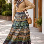 Ethnic Royal Boho Printed Wrap Skirt — Peacock & Elephant Motif