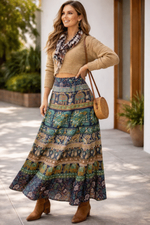 Ethnic Royal Boho Printed Wrap Skirt — Peacock & Elephant Motif