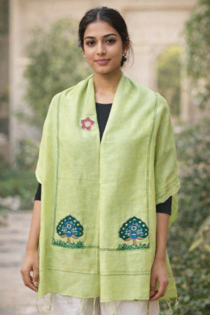 Hand-printed Green Tikuli Tree of Life Cotton Silk Dupatta (Nature & Heritage — Tikuli  “Tree of Life” Motif with Floral Accent)