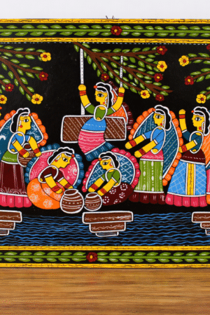 Hand-Painted Tikuli Art Wall Panel — Village Women at the River & Swing Scene