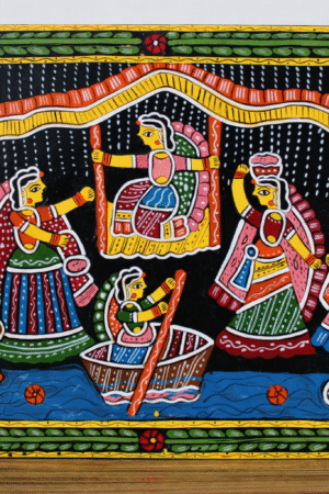 Hand-Painted Tikuli Art Wall Panel — Monsoon Celebration & River Scene