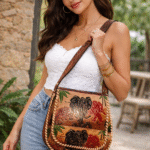 Handcrafted fabric cross-body pouch features a charming ethnic design with vibrant elephant motifs
