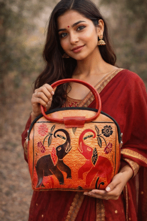 Handcrafted Handbag with Elephant Motif – Traditional Art Design