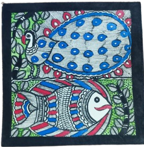 Handcrafted Madhubani Painting – Peacock & Fish Dual Motif (Without Frame) - Image 2
