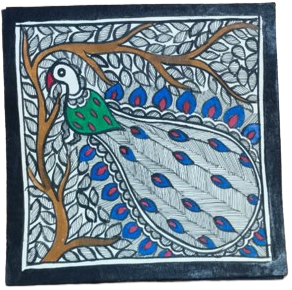 Handcrafted Madhubani Painting – Elegant Peacock Under a Tree (Without Frame) - Image 2