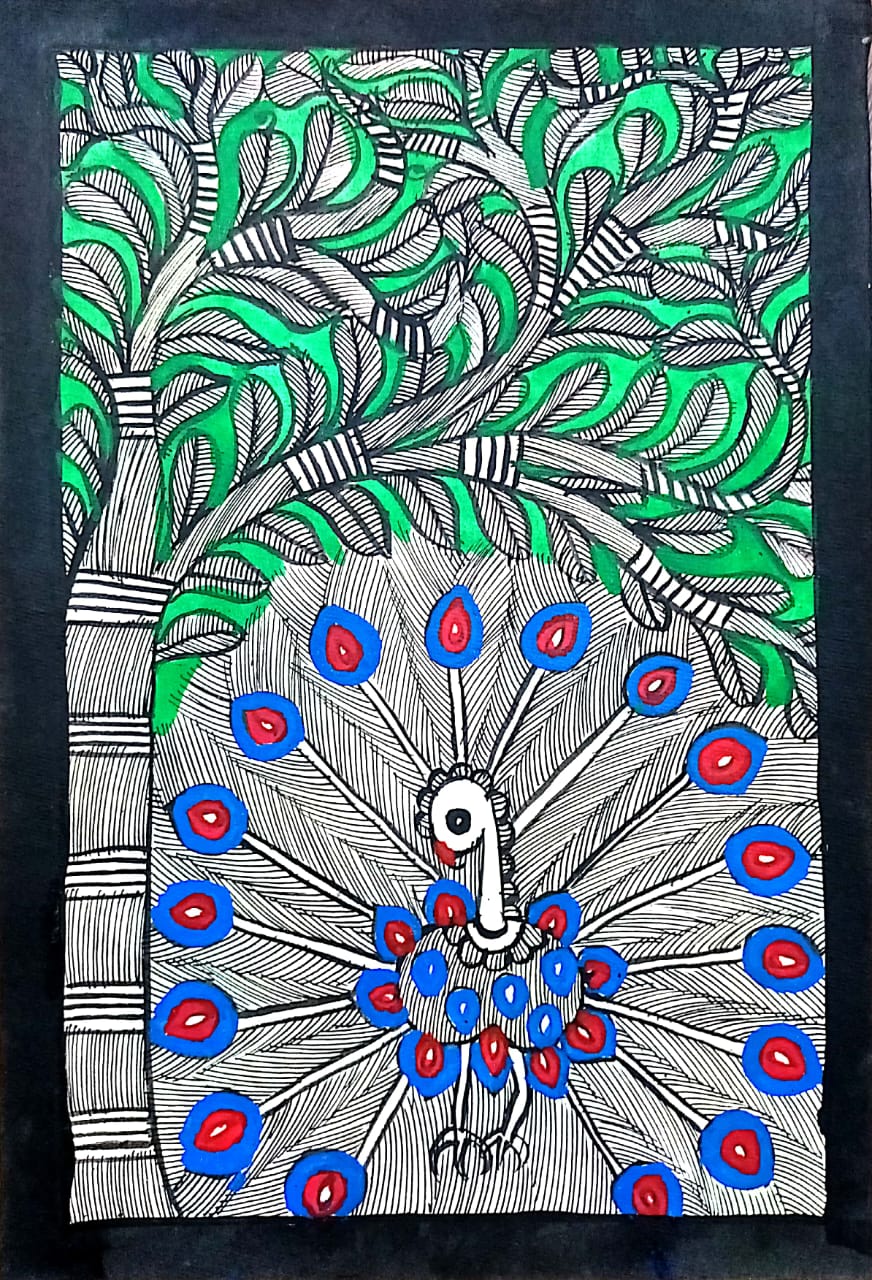 Handcrafted Madhubani Painting – Majestic Peacock Under a Forest Canopy (Without Frame) - Image 2