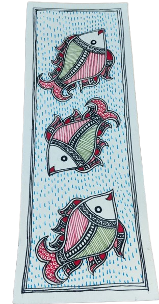 Handcrafted Madhubani Painting – Trio of Folk Fish Motifs (Without Frame) - Image 2