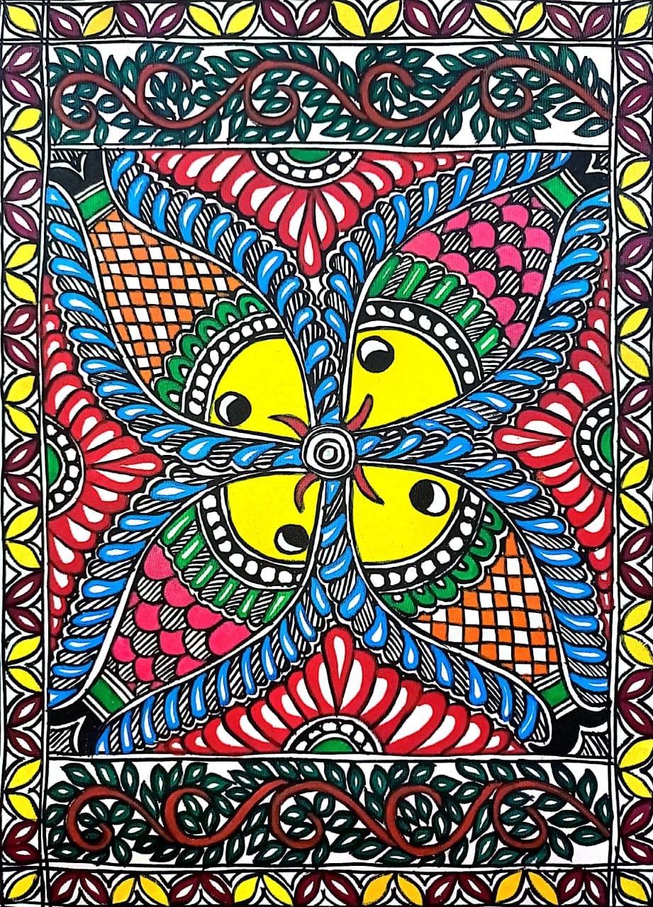 Handcrafted Madhubani Painting – Vibrant Four-Fish Mandala (Without Frame) - Image 2