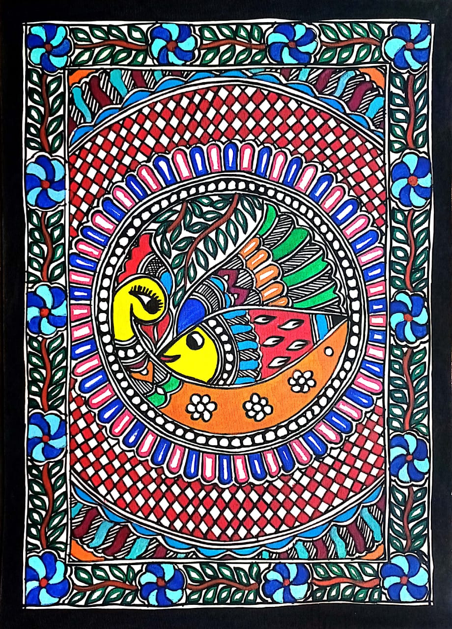 Handcrafted Madhubani Painting – Vibrant Fish Motif in Ornamental Mandala (Without Frame) - Image 2