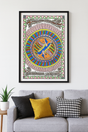 Handcrafted Madhubani Painting – Vibrant Circular Fish Mandala (Without Frame)