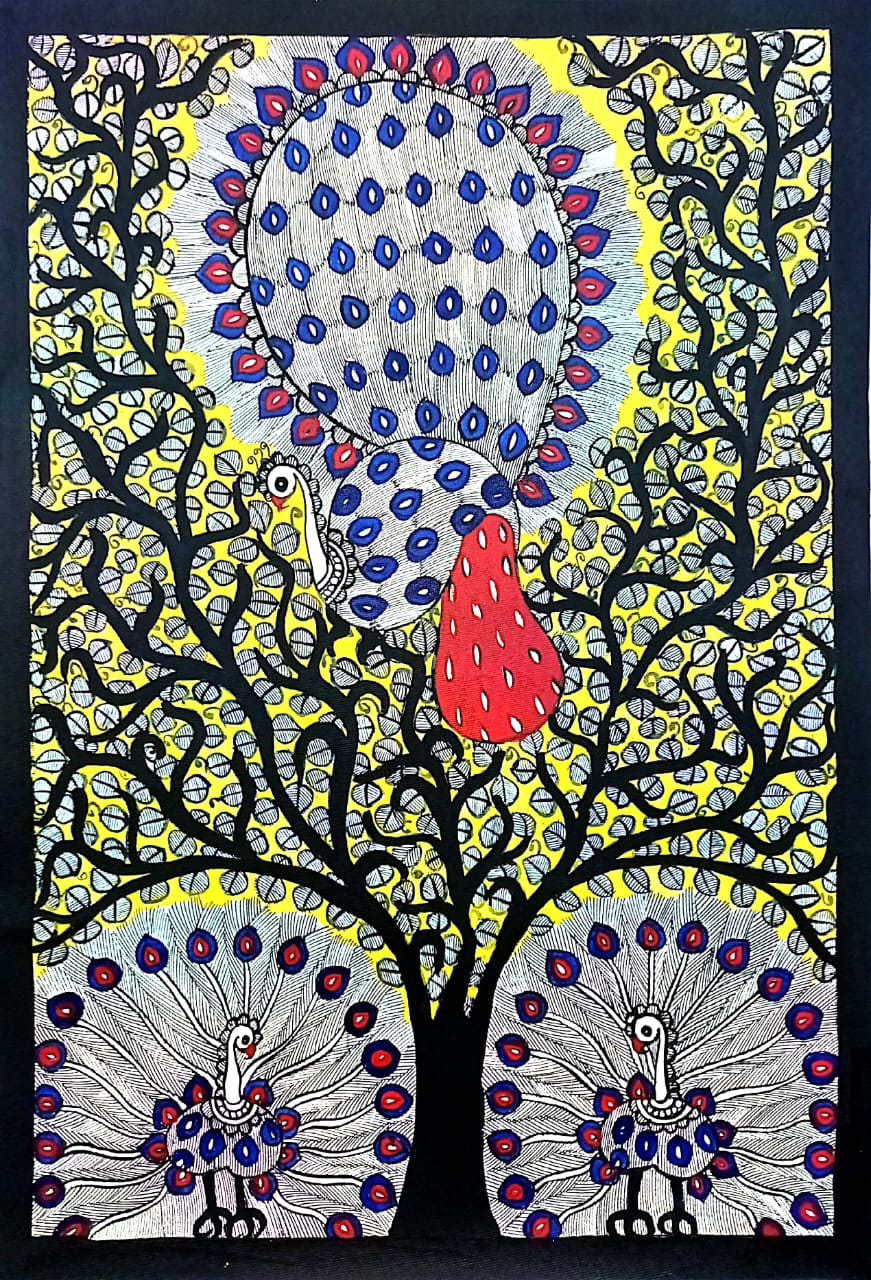 Handcrafted Madhubani Painting – Peacocks Under the Sacred Tree (Without Frame) - Image 2