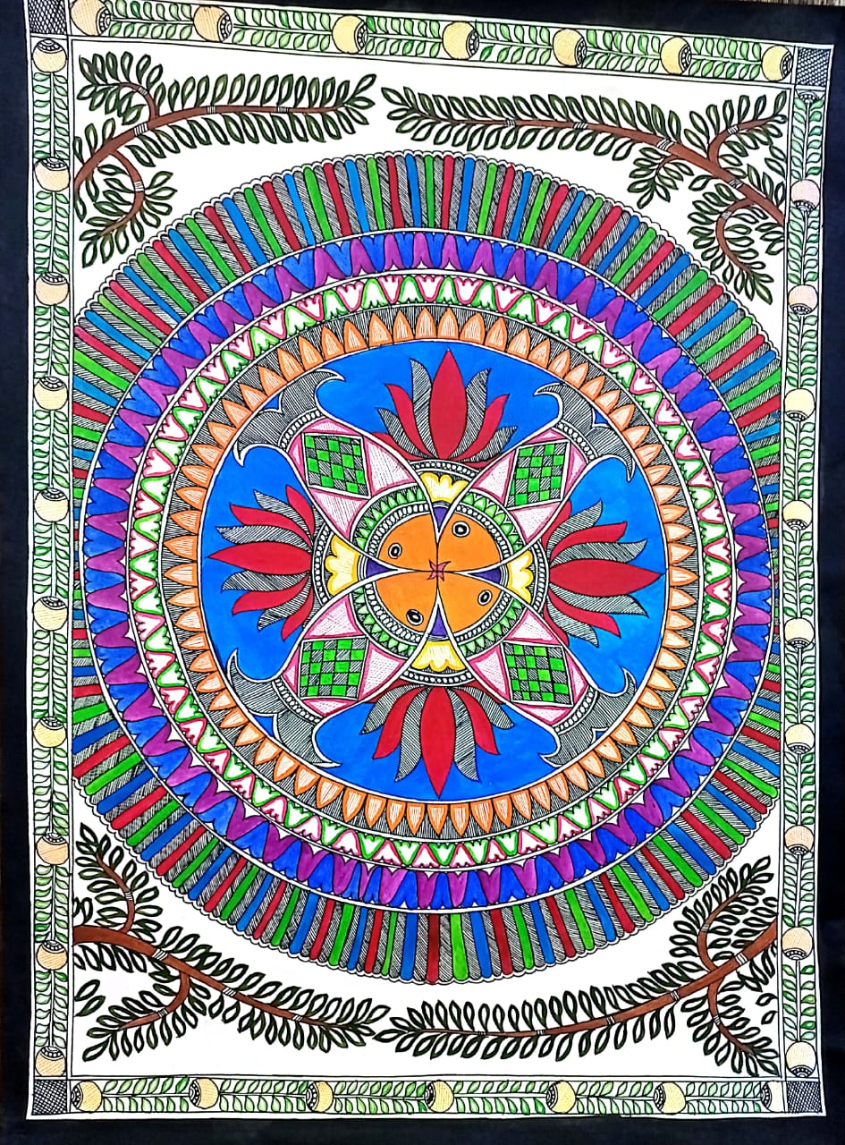 Handcrafted Madhubani Painting – Fish & Floral Motif (Without Frame) - Image 2