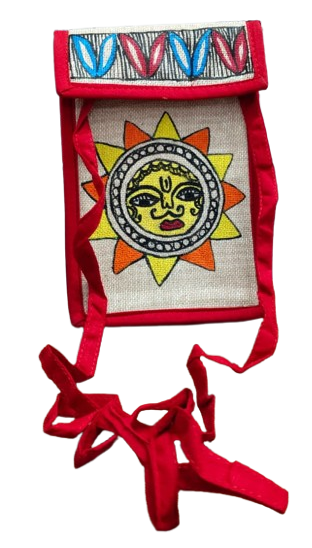 Handmade Jute Mobile Pouch With Madhubani Painting Theme - Image 2