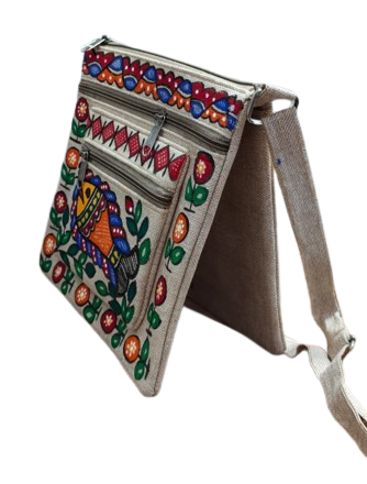 Handmade Jute Sling Bag With Madhubani Painting Fish Motif - Image 2