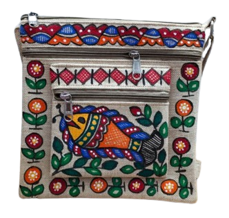Handmade Jute Sling Bag With Madhubani Painting Fish Motif - Image 4