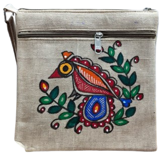 Handmade Jute Sling Bag With Madhubani Painting Fish Motif - Image 3