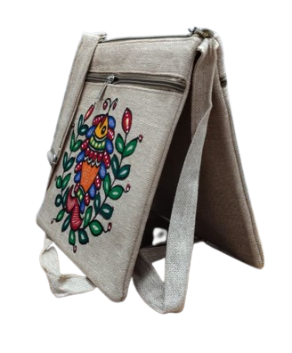 Handmade Jute Sling Bag With Madhubani Painting Flower Motif - Image 3