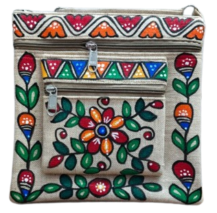 Handmade Jute Sling Bag With Madhubani Painting Flower Motif - Image 2