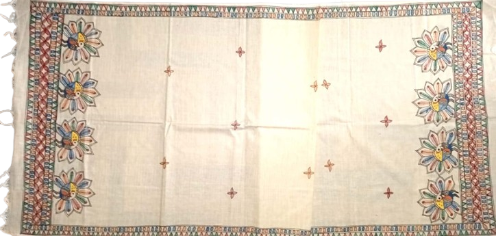 Cotton Dupatta With Hand Painted Traditional Madhubani Painting Motifs - Image 2