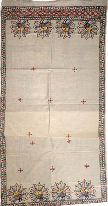 Cotton Dupatta With Hand Painted Traditional Madhubani Painting Motifs - Image 3