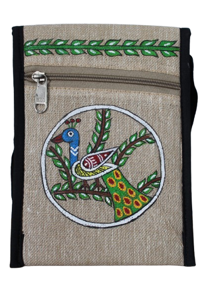Handcrafted Tikuli Painting on Jute Mobile Pouch - Image 2