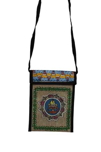Handcrafted Tikuli Painting on Jute Mobile Pouch - Image 3