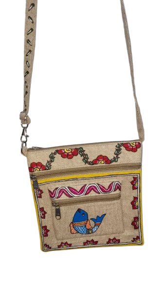 Handmade Jute Sling Bag With Tikuli Painting - Image 3