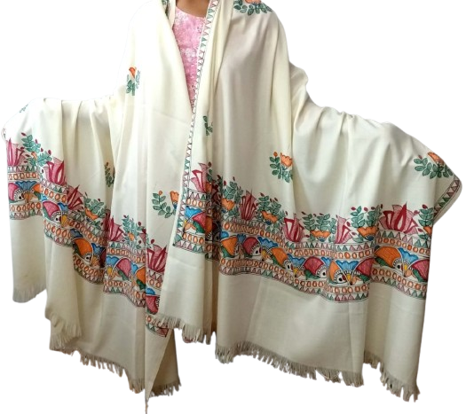 Woolen Shawl With Hand Painted Traditional Madhubani Painting Motifs - Image 2