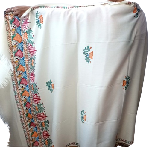 Woolen Shawl With Hand Painted Traditional Madhubani Painting Motifs - Image 3