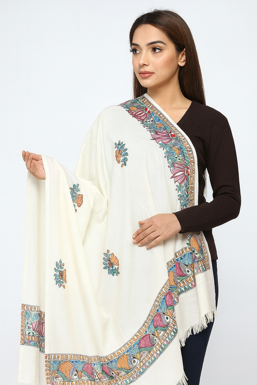 Woolen Shawl With Hand Painted Traditional Madhubani Painting Motifs