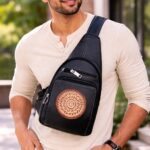 Black Faux Leather Cross-body Sling Bag with Handcrafted Mandala Patch