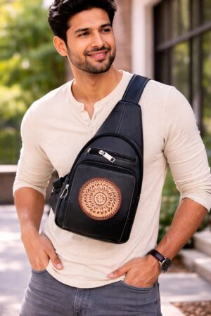 Black Faux Leather Cross-body Sling Bag with Handcrafted Mandala Patch
