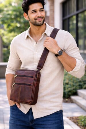Leather Sling Bag — Dual Zipper Back Pocket Design